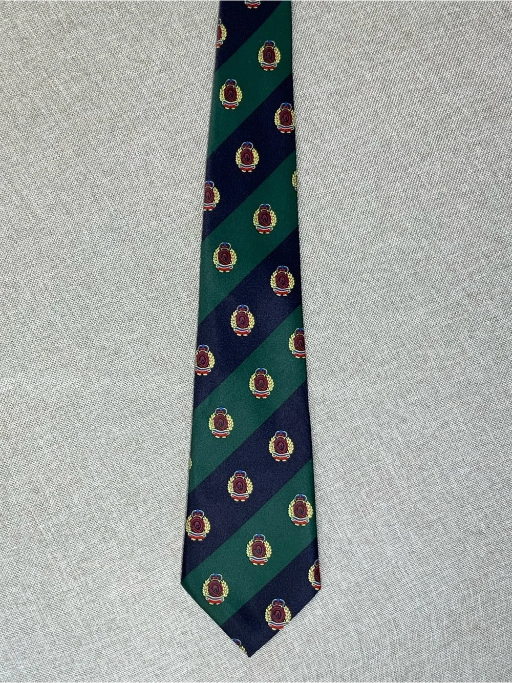 Navy Green Repp Stripe Crest Club Silk Tie Preppy Necktie